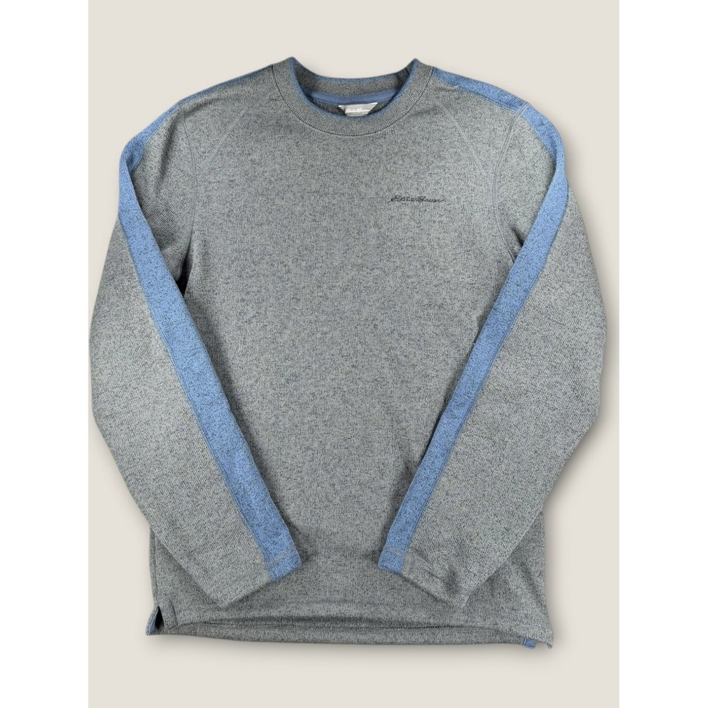 Eddie Bauer Sweater‎ Mens Small Gray Blue Stripe Fleece Lined Pullover Crewneck